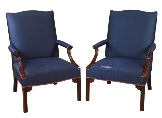 Pair  Baker Hand Carved Upholstered  Armchairs (1 of 15)