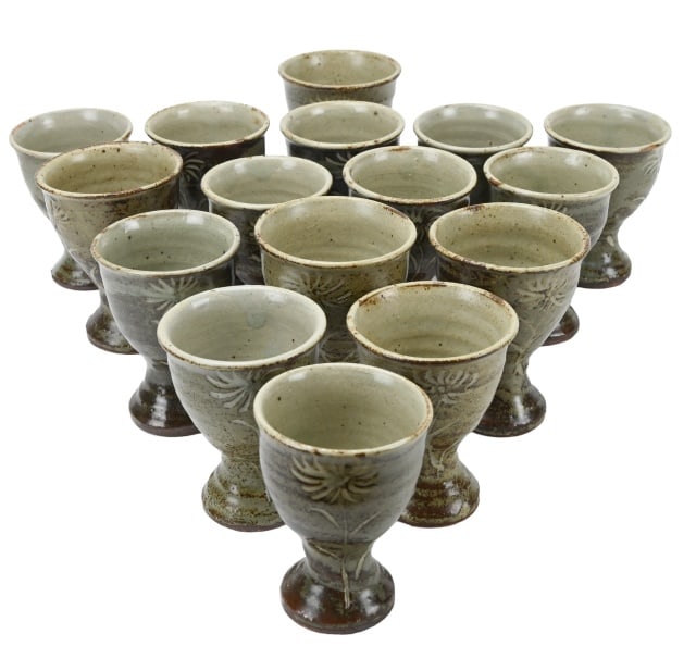 16 Vintage Art Pottery Salt Pottery Sake Cups: 16 Vintage Art Pottery Salt Pottery Sake Cups. Measures 4 inches x 3 inches.