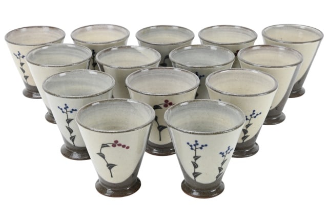 14 Vintage Arita Ware Art Pottery Sake Cups: 14 Vintage Arita Ware Salt Pottery Sake Cups. Measures 4 inches x 3 inches.
