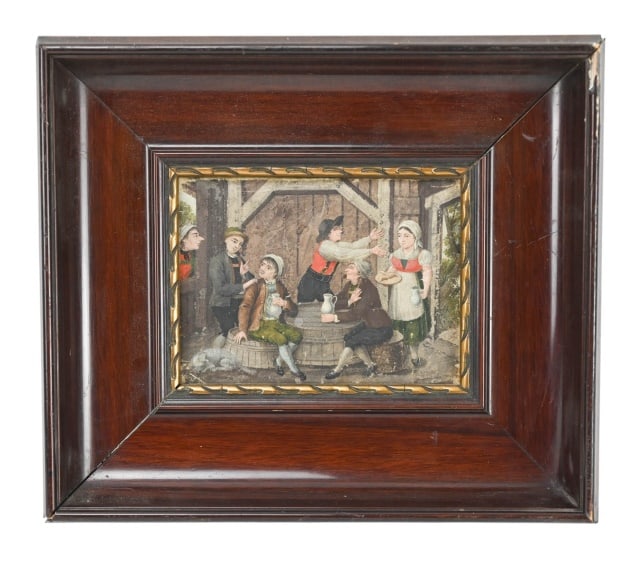 Antique 19th C German School Folk Art Painting: Antique 19th C German School Folk Art Painting Pub Scene in Antique Carved Frame. There are minor scratches to edges of painting. Framed measures 10 inches x 9 inches, art measures 5 inches x 4 inches