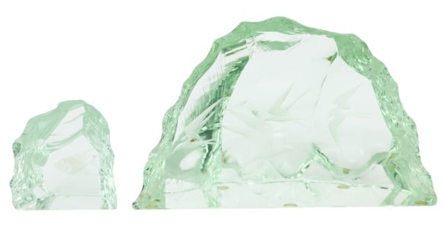 Paul Hoff Signed Kosta Boda Art Glass Sculptures: 2 Paul Hoff Signed Kosta Boda Art Glass Sculptures. Included is a smaller sculpture signed Kosta V.L. Larger signed sculpture measures 6 inches x 9 inches x 3 inches.