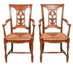2 Antique French Carved Walnut Woven Rush Chairs