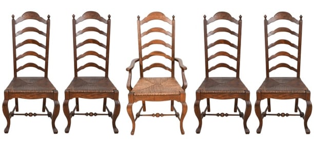 5 Antique Carved Ladder Back Rush Seat Chairs