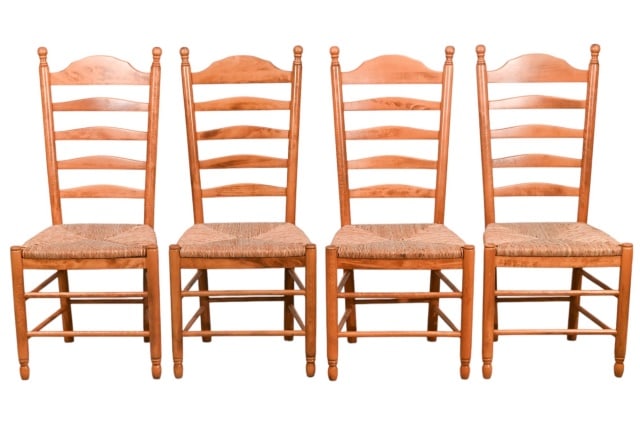 4 Farm Style Ladder Back Rush Seat Chairs: 4 Farm Style Ladder Back Rush Seat Chairs.Measures 42 inches x 19 inches x 17 inches, seat height 18 inches.