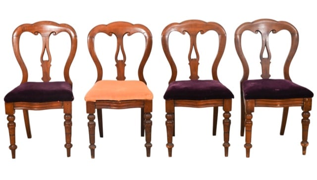 4 Antique Carved Fiddle Back Side Chairs: 4 Antique Hand Carved Custom Upholstered Fiddle Back Side Chairs. Needs to re upholstered, needs repair.Measures 34 inches x 18 inches x 17 inches, seat height 18 inches.