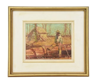 George Agnes Signed Oil Painting Logging Scene