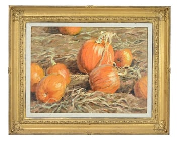 Signed Oil Painting of Pumpkin Patch Framed