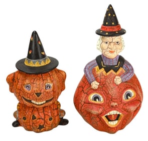 2 Halloween Hand Painted Terracotta Pumpkin Statue
