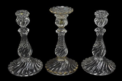 3 Antique Pressed Glass Baccarat Candle Sticks
