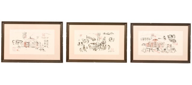 3 Sh. Chimeddorj Signed Village Ink Drawings