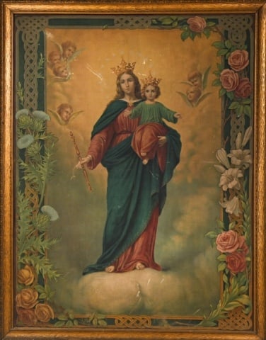 Antique Printed Tapestry Maria Our Lady of Help: Antique Printed Tapestry Maria Our Lady of Help of Christians Mounted on Board and Framed. 46 inches x 36 inches. There is damage to tapestry noted in photos. Sold as is.