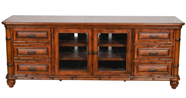Havertys Faux Bamboo and Rattan TV Console Table: Havertys Faux Bamboo and Rattan TV Console Table.Measures 29 inches x 78 inches x 22 inches.