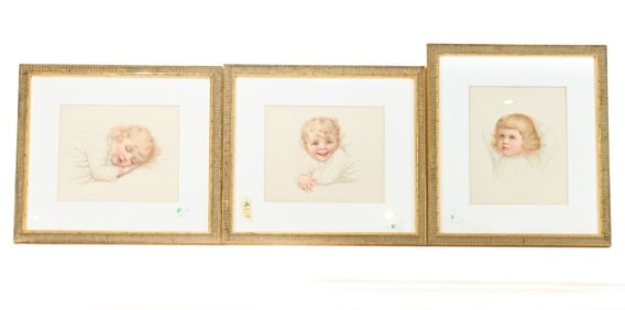 3 Ida Haugh Color Engravings of Toddlers Framed
