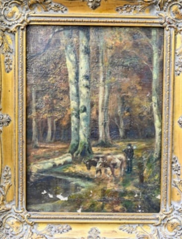 Antique 19th C Oil Painting Cattle Herding Forest (1 of 5)