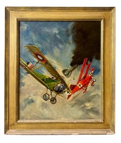 Singed Oil Painting WWI Military Planes in Battle