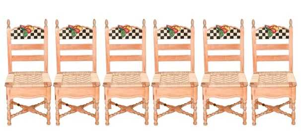 6 Country Carved Painted Pine Rush Side Chairs