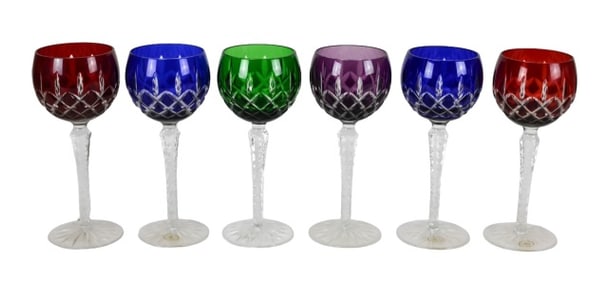6 Bohemian Cut Crystal Colored Wine Glasses