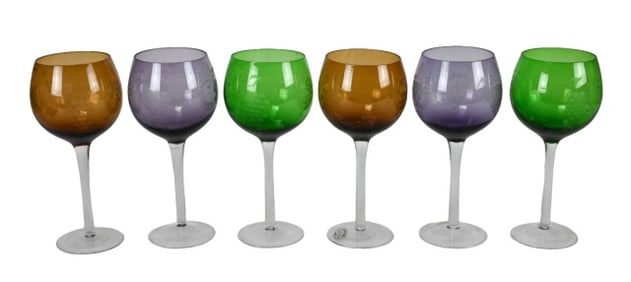 6 Bohemian Style Colored Etched Red Wine Glasses