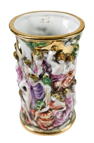 Capodimonte Hand Painted Porcelain Figural Vase: Capodimonte Hand Painted Porcelain Figural Vase. Measures 9 inches x 5 inches.