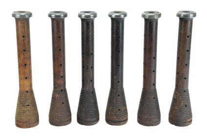 6 Antique Textile Mill Bobbin w Metal Fittings