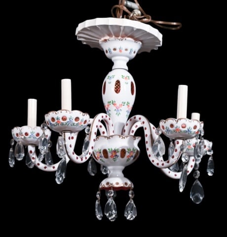 Bohemian Red Glass Painted 6-Light Chandelier: Bohemian Red and White Glass Hand Painted Samson Style 6-Light Chandelier. Measures 19 inches x 21 inches x 21 inches.