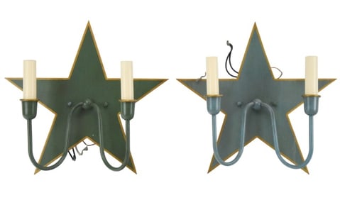 Pair Tole Hand Painted 2-Light Star Form Sconces