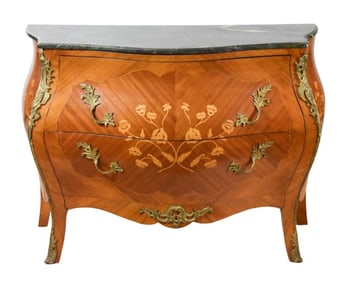 French Louis XV Marquetry Bombay Chest w Mounts