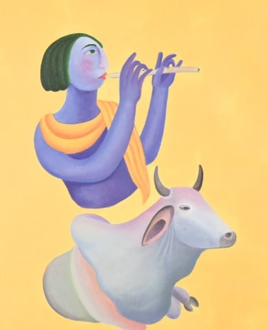 After Manjit Bawa Acrylic Painting of Man & Cow: After Manjit Bawa Acrylic Painting of Man & Cow. Framed measures 25 inches x 20 inches, art measures 21 inches x 17 inches. Any condition statement is given as a courtesy to a client, is only an opini