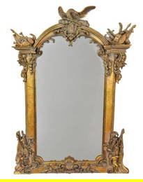 Rococo Style Carved Gilded Mirror w Phoenix Crest