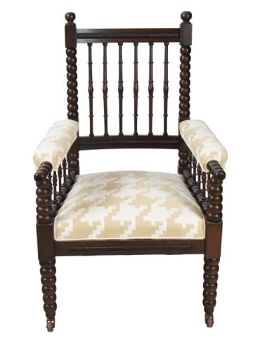 Victorian Oak Carved Bobbin Upholstered Armchair: Victorian Oak Hand Carved Bobbin Custom Upholstered Armchair.Measures 42 inches x 27 inches x 27 inches, seat height 18 inches.