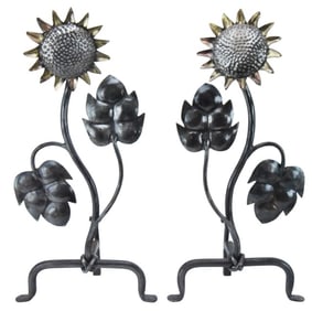 Pair Wrought Iron Sunflower Fireplace Andirons