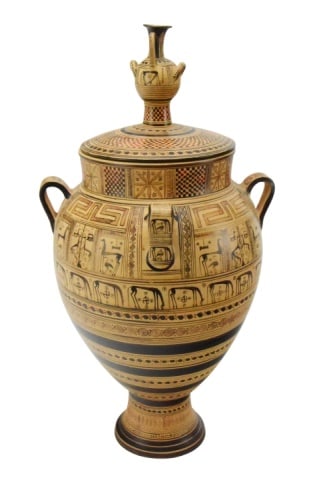 Cycladic Geometric Amphora Vase Hand Made: Cycladic Geometric Amphora Vase Hand Made Reproduction 7th Century Slip Ceramic Vase with Cover. Measures 18 inches x 10 inches.