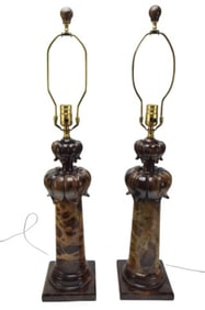 Pair Carved Amber Alabaster Table Lamps