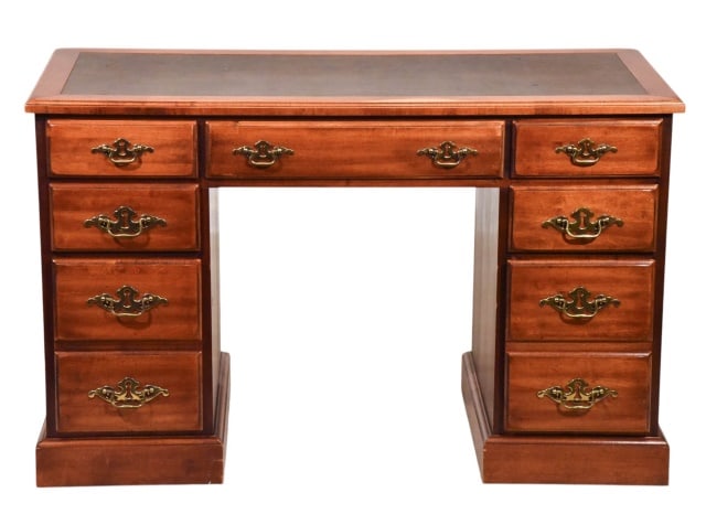 Traditional Chippendale Leather Top Desk: Traditional Chippendale Double Pedestal Leather Top Writing Desk.Measures 30 inches x 48 inches x 22 inches.