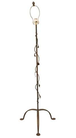 Wrought Iron & Tole Floor Lamp w Twisted Leaf Vine: Wrought Iron & Tole Floor Lamp w Twisted Leaf Vine. Measures 58 inches x 18 inches. The lamp is bronze toned.