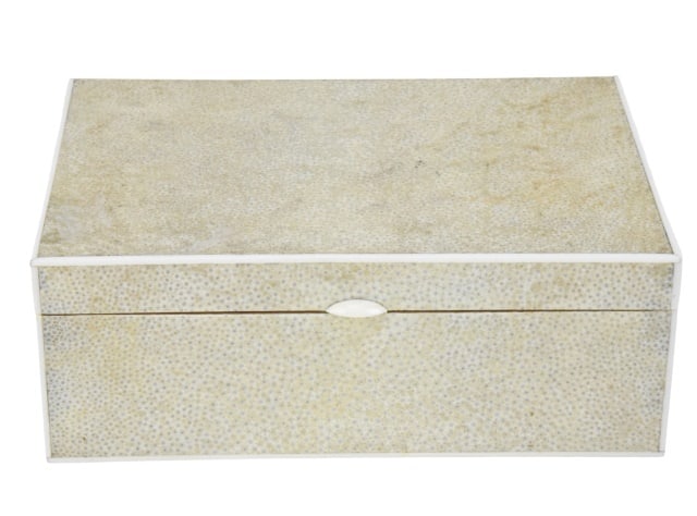 Natural Shagreen Shark Skin & Bone Table Box: Natural Shagreen Shark Skin & Bone Table Box. Measures 4 inches x 10 inches x 7 inches.