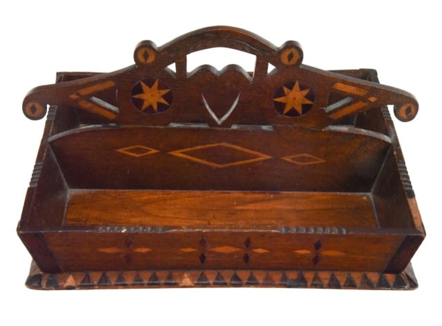 Antique Arts& Crafts Carved & Inlaid Utensil Caddy (1 of 9)
