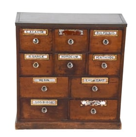 Antique Apothecary Cabinet 10 Drawers Glass Plaque