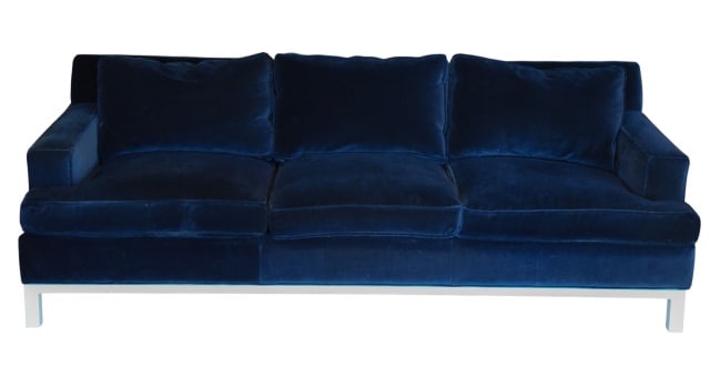 Jonathan Adler Custom Blue Velvet Upholstered Sofa: Jonathan Adler Custom Blue Velvet Upholstered SofaMeasures 29 inches x 84 inches x 37 inches x 18 inchesNeeds Cleaning, Sold as Is.