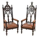 Antique Hand Carved Leather Upholstered Armchairs