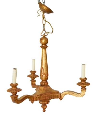 Vaughan Designs Carved Gilt Florentine Chandelier: Vaughan Designs Carved Gilt Florentine 3 Light Chandelier. Measures 22 inches x 20 inches x 20 inches, not including chain length.