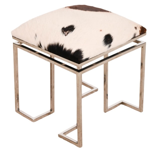 Pony Hide Chrome Stool: Pony Hide Chrome Stool . There are some bald spot on top.Measures 18 inches x 16 inches x 16 inches.