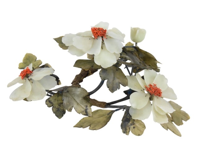 Chinese Carved Moss Agate, Jade,Coral Arrangement: Chinese Mid Century Hand Carved Moss Agate, Jade,Coral Floral Arrangement on Wooden Branch. Measures 8 inches x 16 inches x 13 inches, flowers are approximately 4-5 inches in diameter.