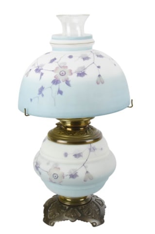 Antique Larkin Double Glass Converted Oil Lamp: Antique Larkin Hand Painted Double Glass Converted Oil Lamp with Original Brass Fittings. Measures 18 inches x 10 inches.