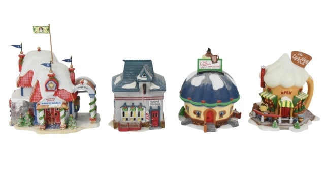 4 Department 56 North Pole Christmas Buildings: 4 Department 56 North Pole Series Christmas Buildings Christmas Decorations. There may be very minor loss, there are no boxes. SOLD AS IS. Each measures approximately 6 inches x 9 inches.