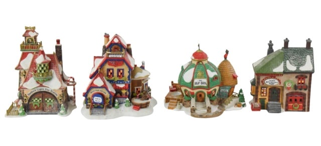 4 Department 56 North Pole Christmas Buildings: 4 Department 56 North Pole Series Christmas Buildings Christmas Decorations. There may be very minor loss, there are no boxes. SOLD AS IS. Each measures approximately 6 inches x 9 inches.