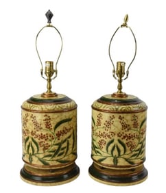 Pair Wildwood Hand Painted Wood Barrel Form Lamps