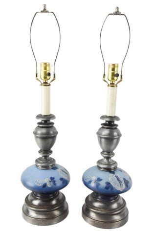 Mid C Pewter Tone Hand Painted Milk Glass Lamps: Pair Mid Century Pewter Tone Hand Painted Milk Glass Lamps. Each measures 28 inches x 7 inches.