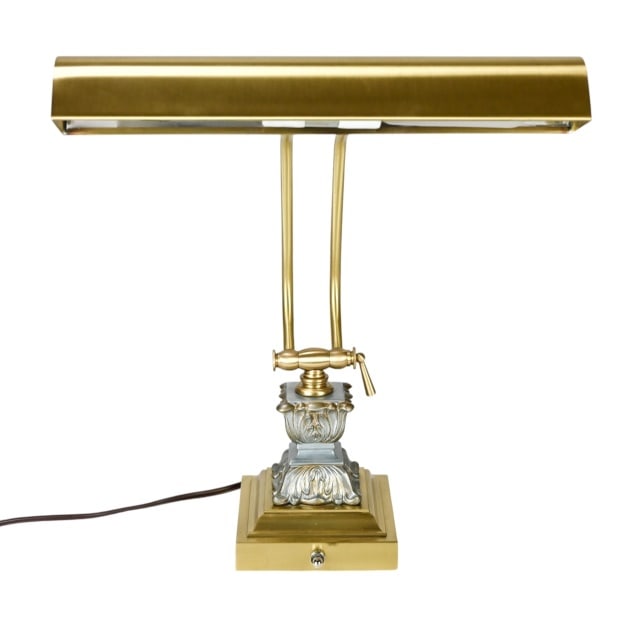 House of Troy Neo Classical Style Brass Piano Lamp: House of Troy Neo Classical Style Rubbed Brass and Chrome Tone Adjustable Piano Lamp. Measures 13 inches x 14 inches x 12 inches.