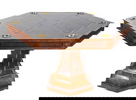 Maitland-Smith Blade Hexagonal Game Table: Maitland-Smith Blade Hexagonal Game Table. It features a combination of burl walnut and ash wood finish, top surface has a hand - tooled leather playing area and six brass cup with two drawers.Measure